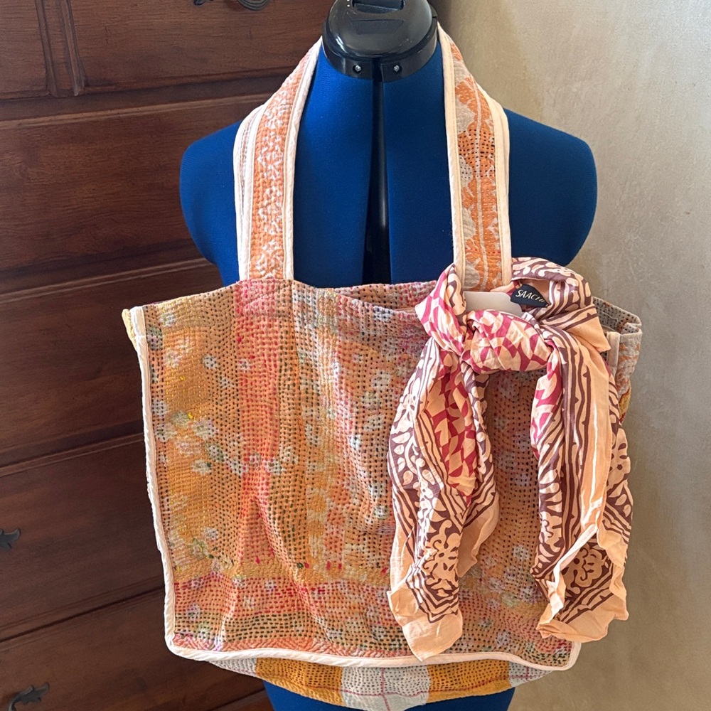 NWOT Boho Orange Patchwork Tote Bag with Scarf.